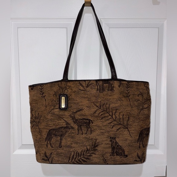 Bueno Handbags - Vintage 90s Woodland Animal Tapestry Tote Bag Brown Rustic Cabin Large